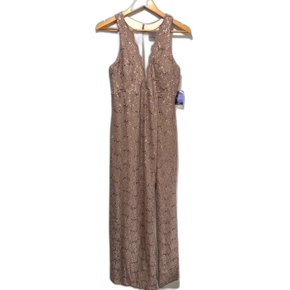NW Nightway maxi dress formal wedding party mocha brown lace split women 8 New
